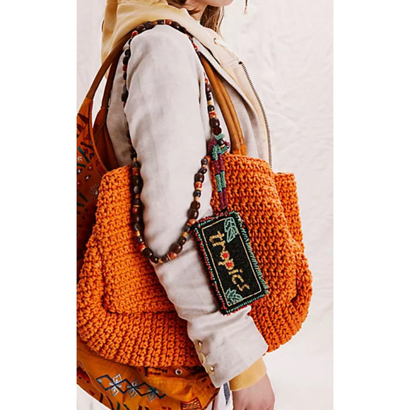 FREE PEOPLE FP COLLECTION ORANGE SUNRISE TAKE ME TO TULUM TOTE BAG BEADED WOVEN - Picture 4 of 10